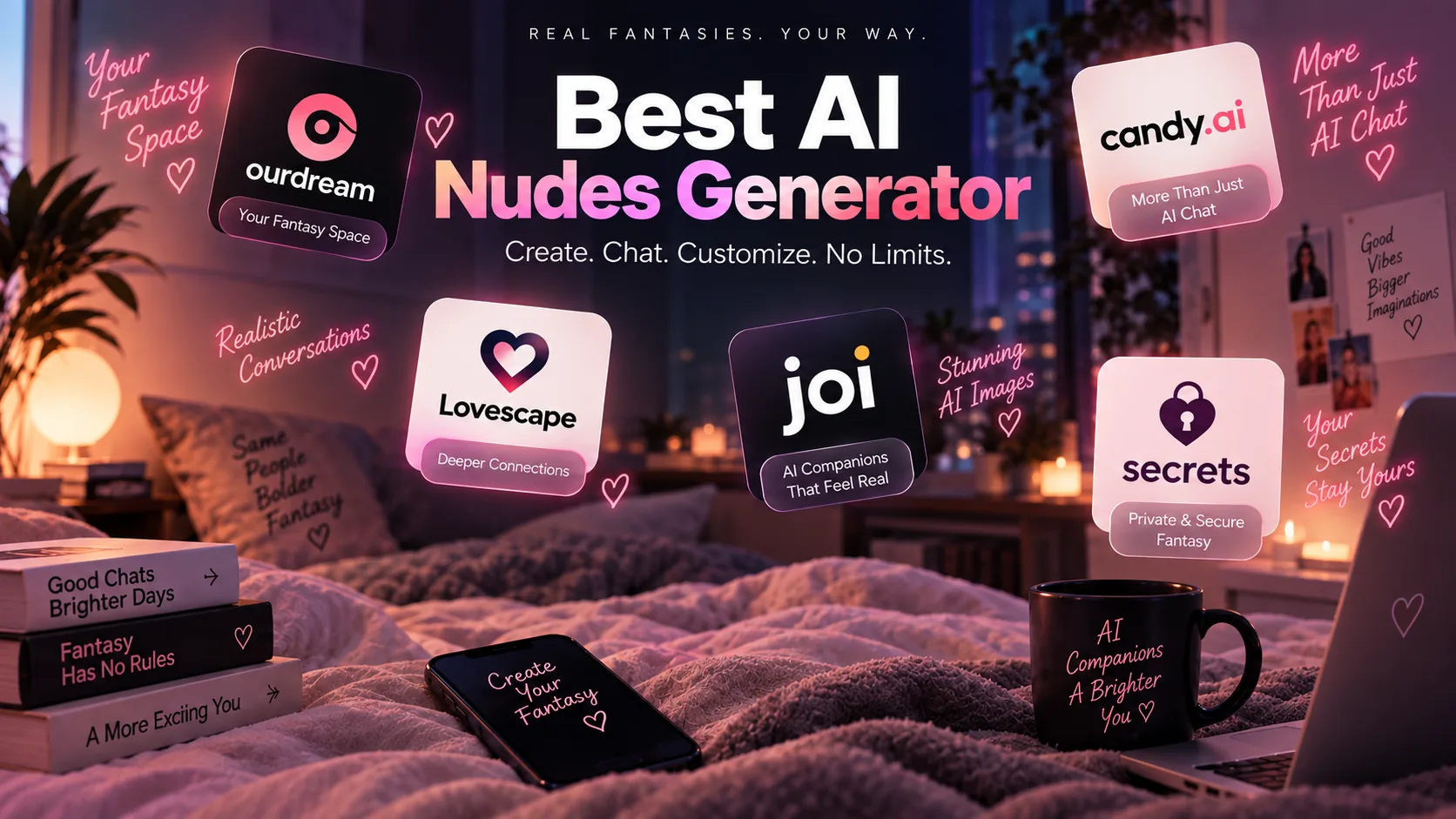 Best AI nudes generator banner. A neon bedroom with floating cards for OurDream, Candy AI, Lovescape, Joi, and Secrets.