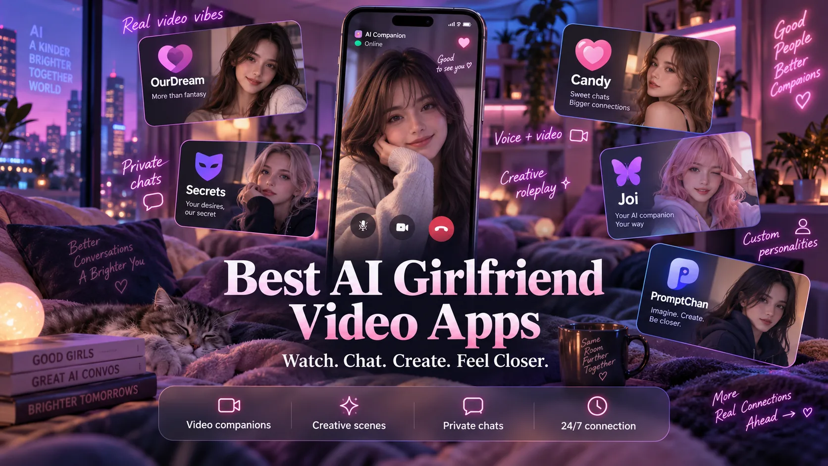 Best AI girlfriend video apps banner. A phone video call in a neon bedroom, with cards for OurDream, Candy, Secrets, Joi, and Promptchan.