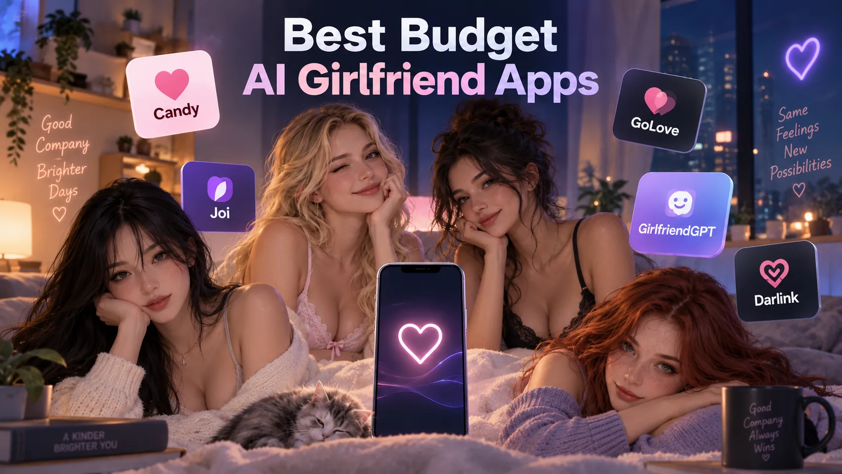 Best budget AI girlfriend apps banner. A neon bedroom with a phone and cards for Candy, Joi, GoLove, GirlfriendGPT, and DarLink.