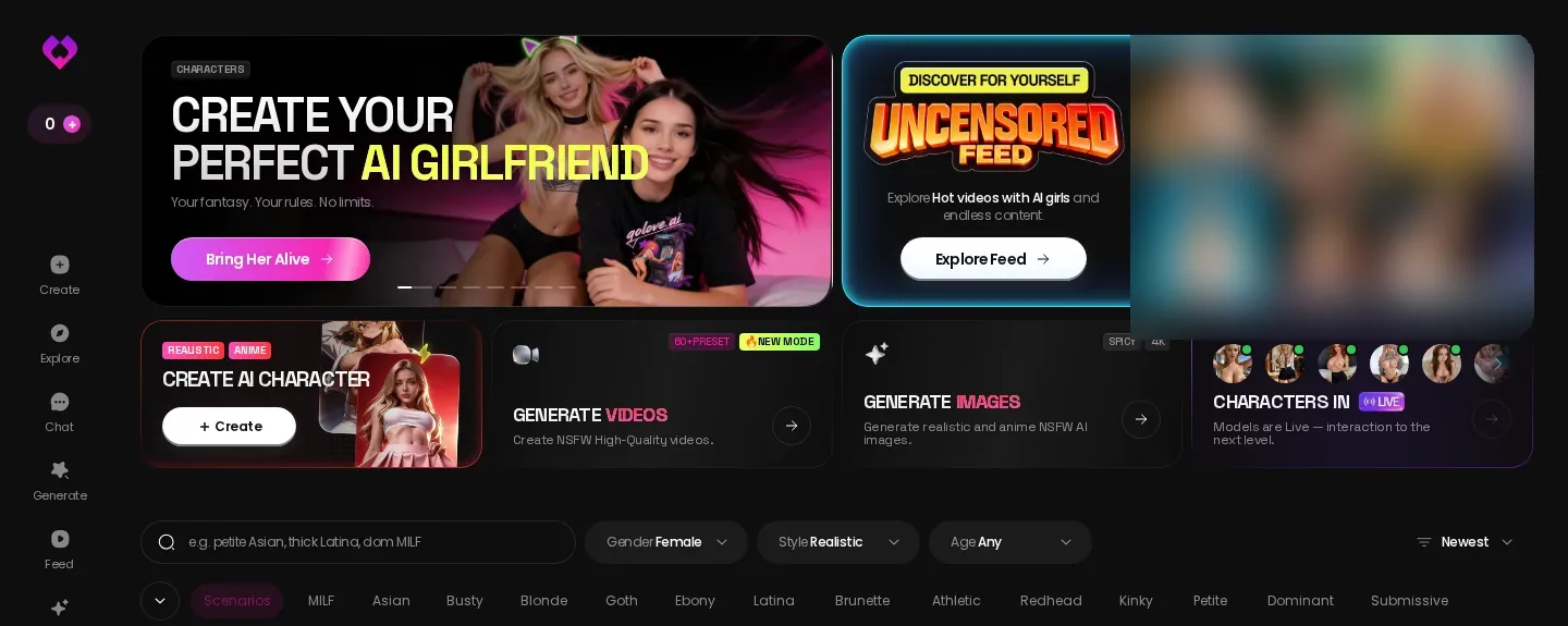 GoLove AI homepage. Create your perfect AI girlfriend. The feed pictures are blurred.
