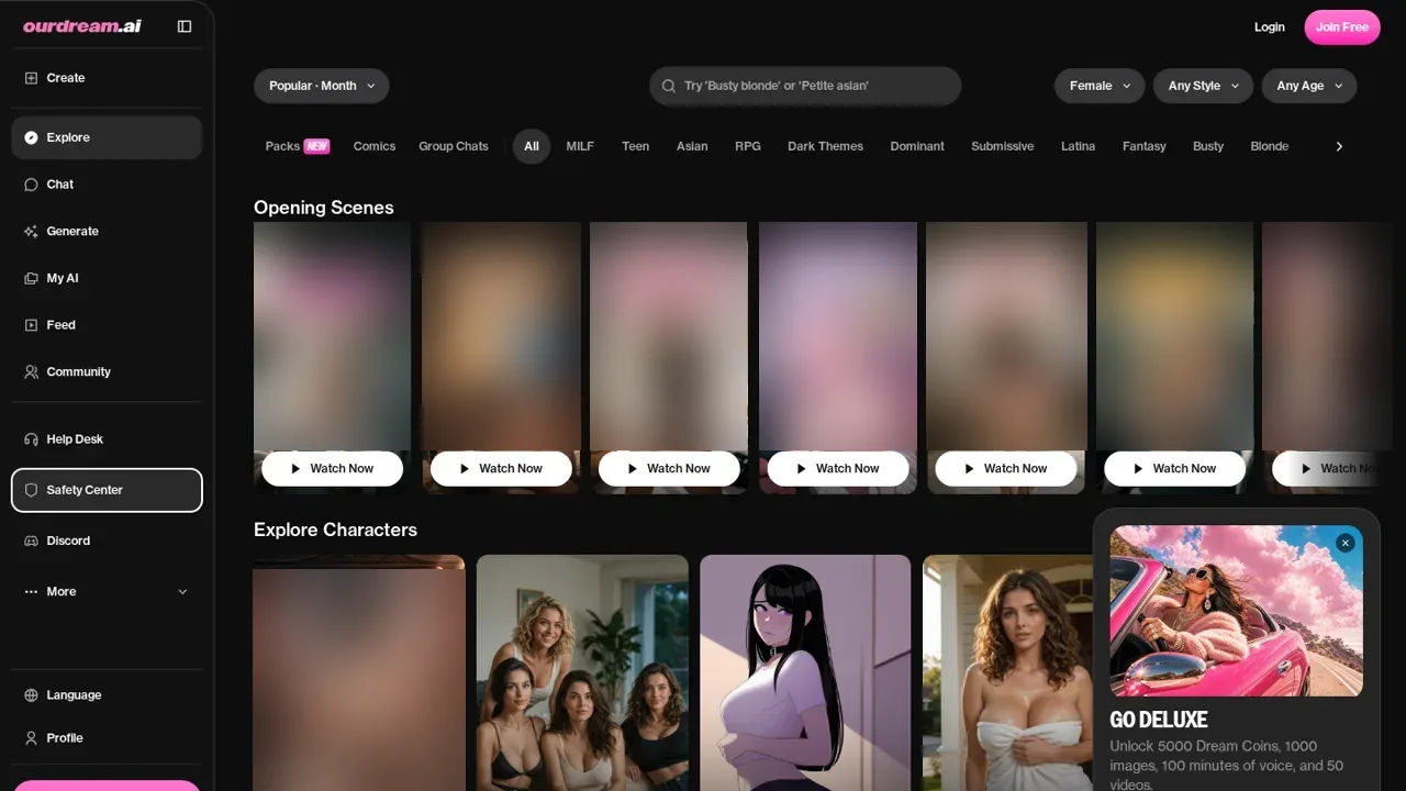 OurDream AI homepage. Explore is open. Opening Scenes artwork and one character card are blurred.