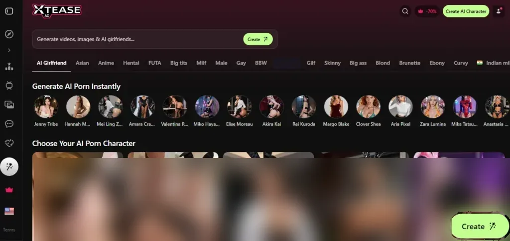 Xtease AI homepage. The character row under Choose Your AI Porn Character is blurred.