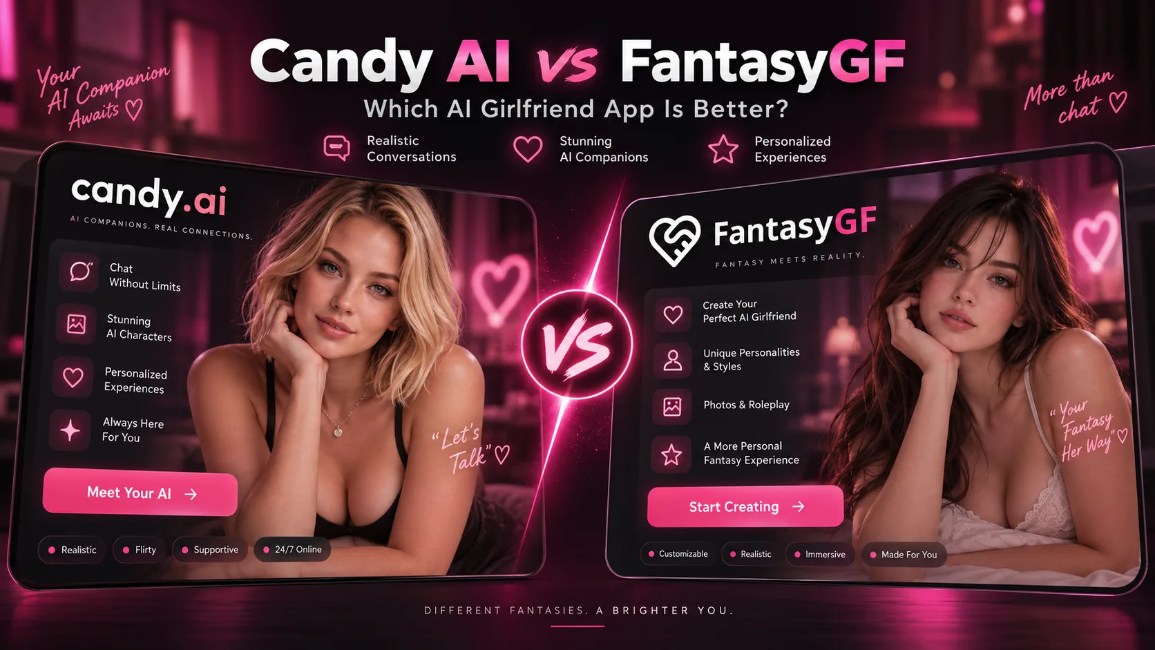 Candy AI versus FantasyGF. Two app screens side by side, Candy on the left and FantasyGF on the right, with a pink VS mark.