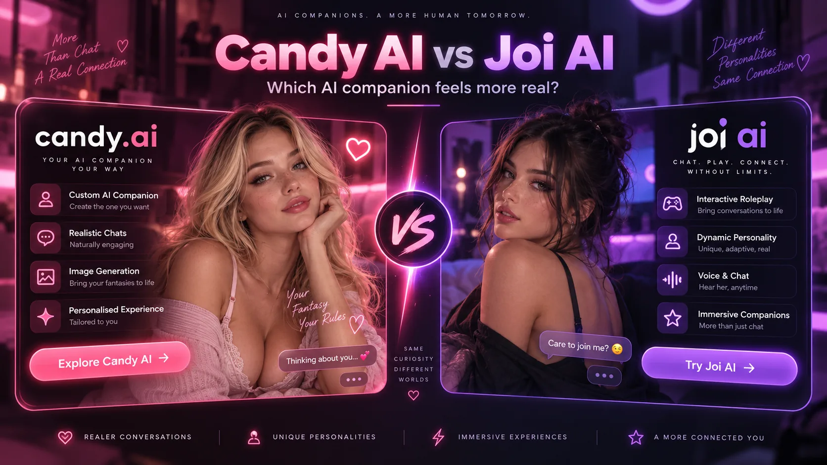 Candy AI versus Joi AI. Candy in pink on the left, Joi in purple on the right, and a VS mark between them.