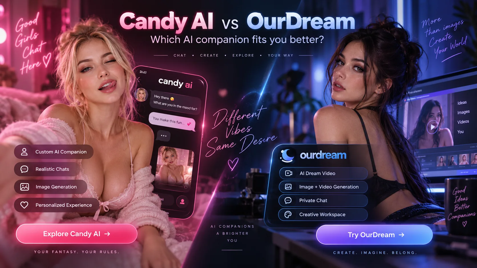 Candy AI versus OurDream. A Candy chat phone on the left and an OurDream create panel on the right.