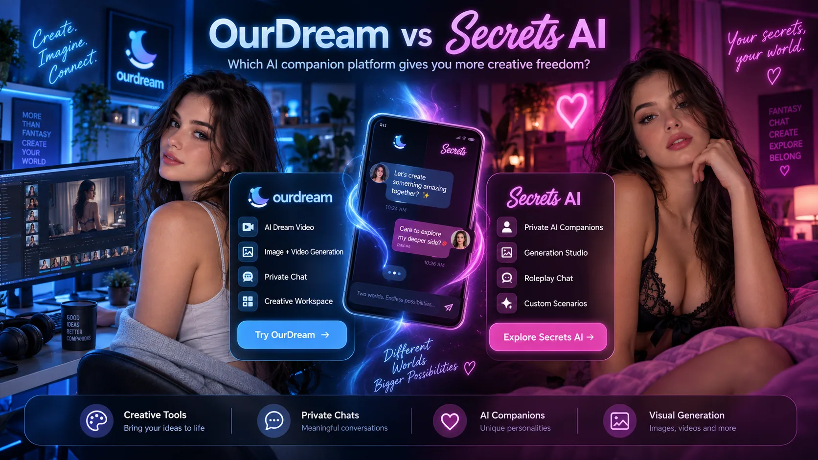 OurDream versus Secrets AI. An OurDream create panel on the left, a Secrets chat phone in the middle, and a Secrets panel on the right.