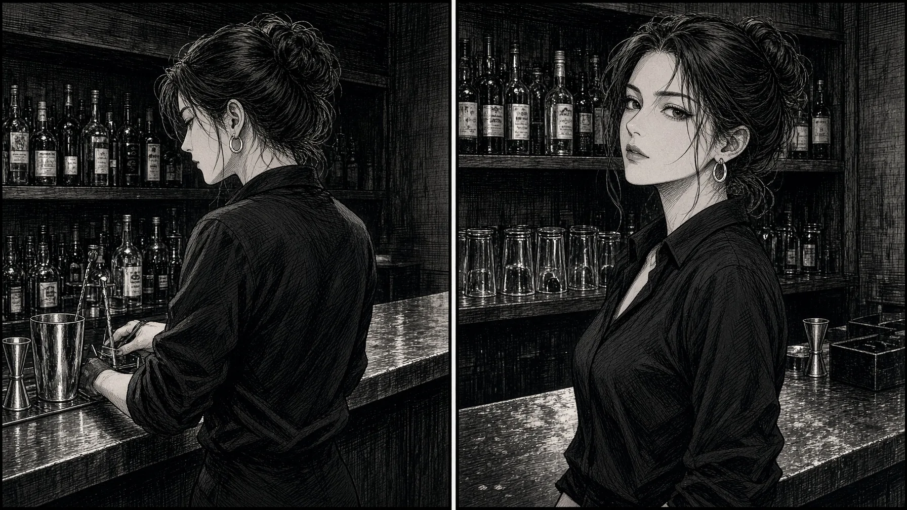 Two manga frames of the same clothed bartender, one before the turn and one after. Secrets prices the frames and the clip between them.