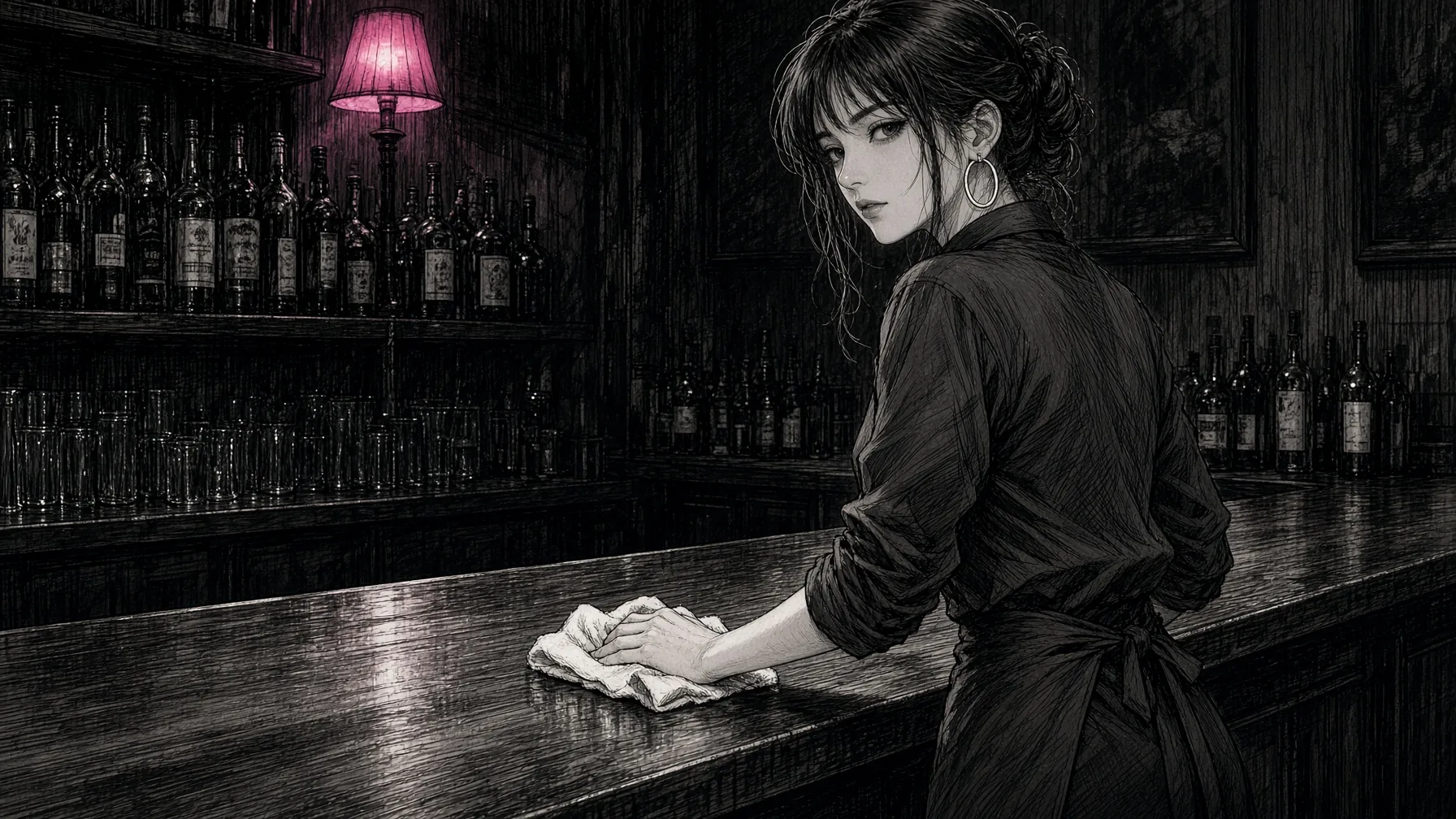 A clothed adult bartender in a black-and-white manga page looks back over her shoulder. That still is the cheap part. Making it move is the bill.