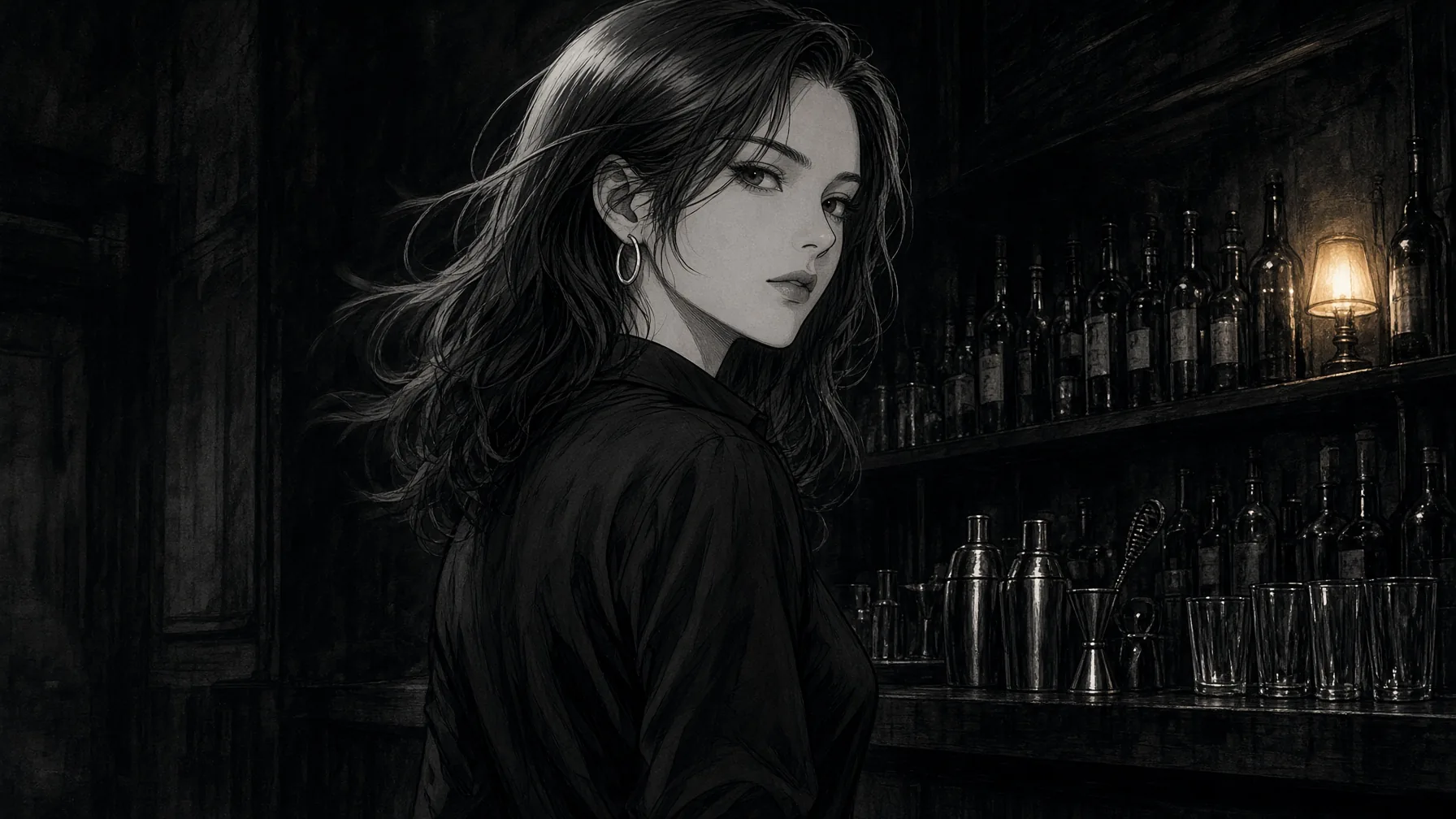One manga page of a clothed bartender turning to look back, with a little motion in the hair. Five seconds of that look is the spend.