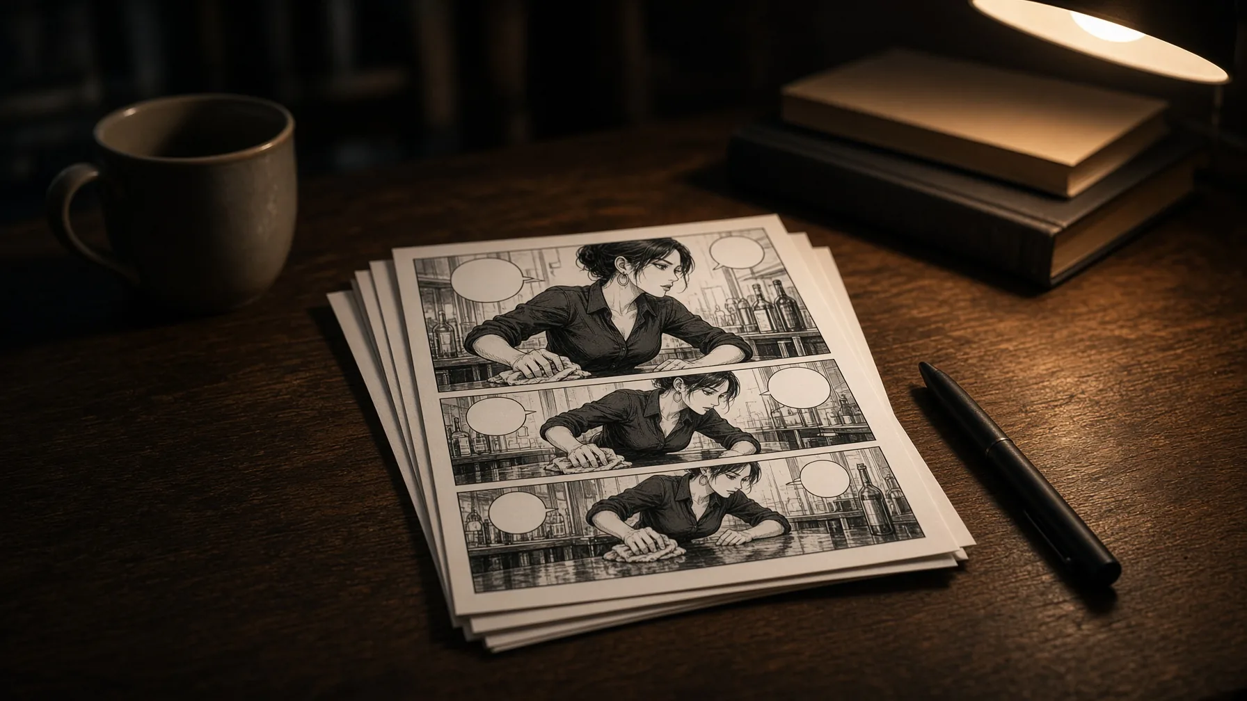 A short stack of still manga pages on a desk at night. The still comic is the cheap part.