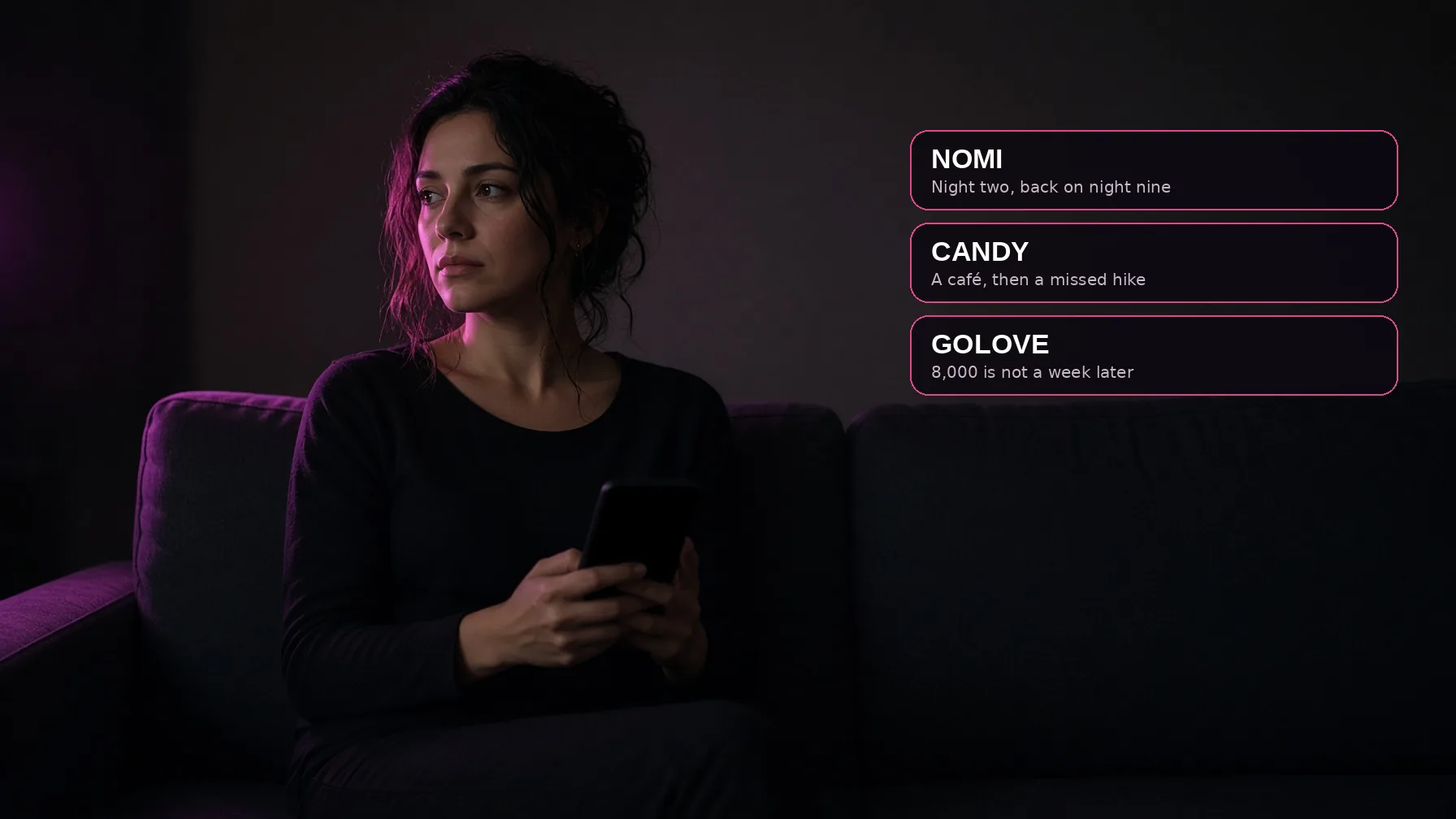 What the reviews found. Nomi brought a night-two detail back on night nine. Candy remembered a café, then missed a hike. GoLove's 8,000-message claim is not a week-later test.