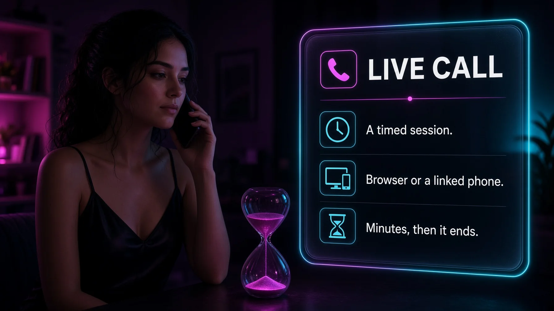 A browser call needs the tab and a microphone. A phone call rings a real number, with a country limit and a daily minute cap.