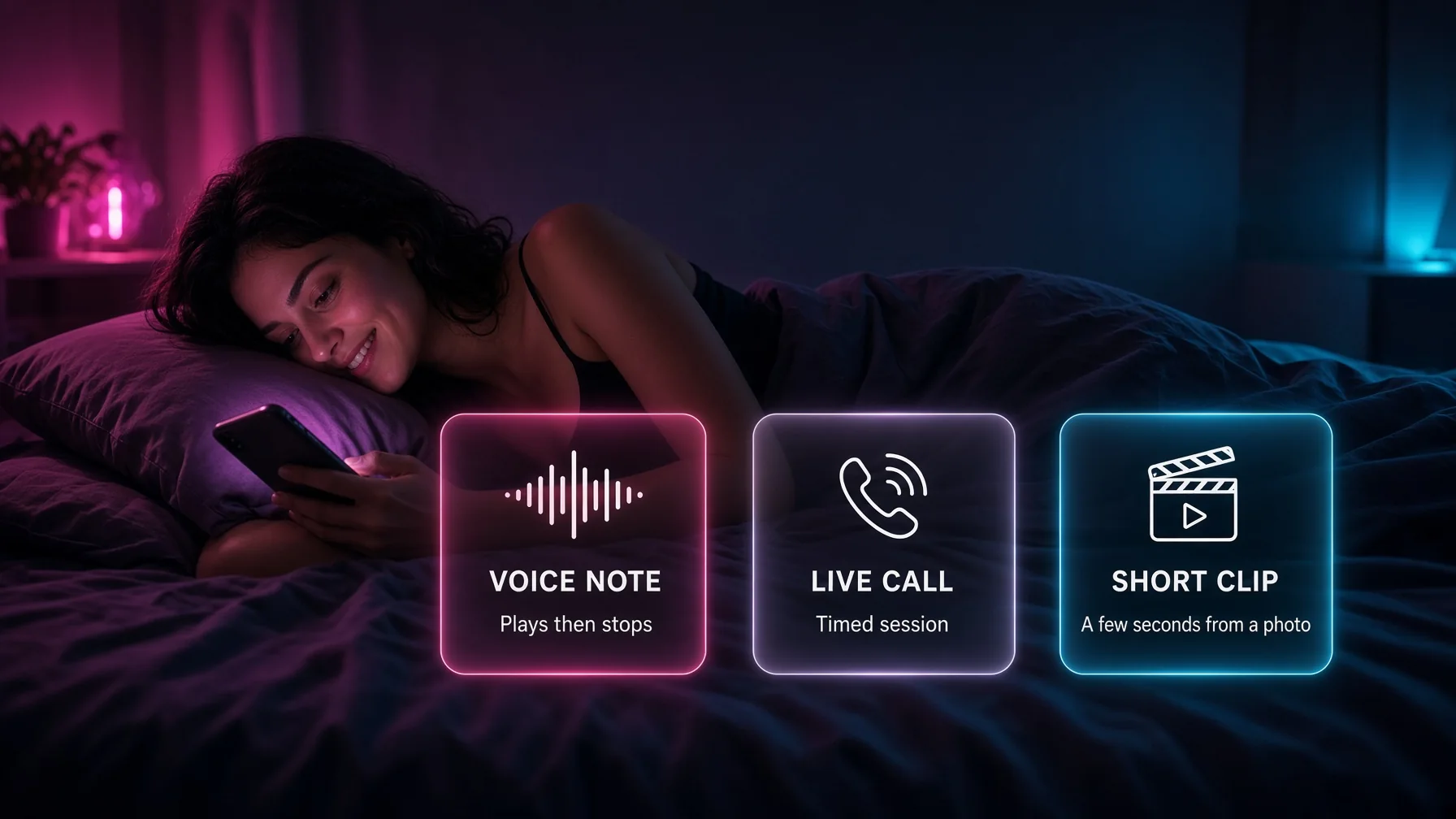 Voice messages, live calls, and interactive video are three features. A note is a short file. A call is a timed session. A clip is about 3 to 15 seconds, not a live camera.