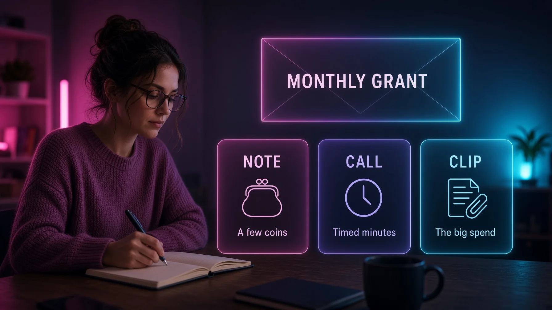 A note is the cheap spend. A call costs more because it is timed. A clip costs the most. The grant is not all three at once.