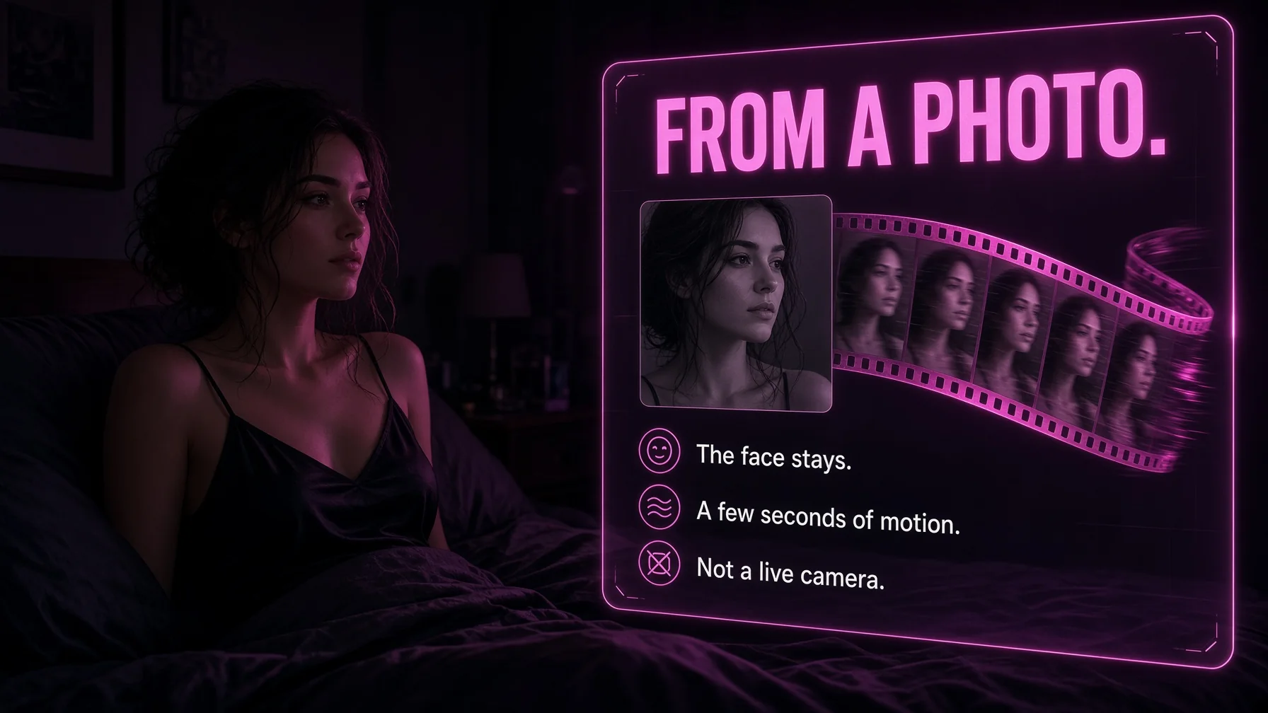 A clip starts from a photo. Image-to-video moves that still for a few seconds. It is not a live camera.