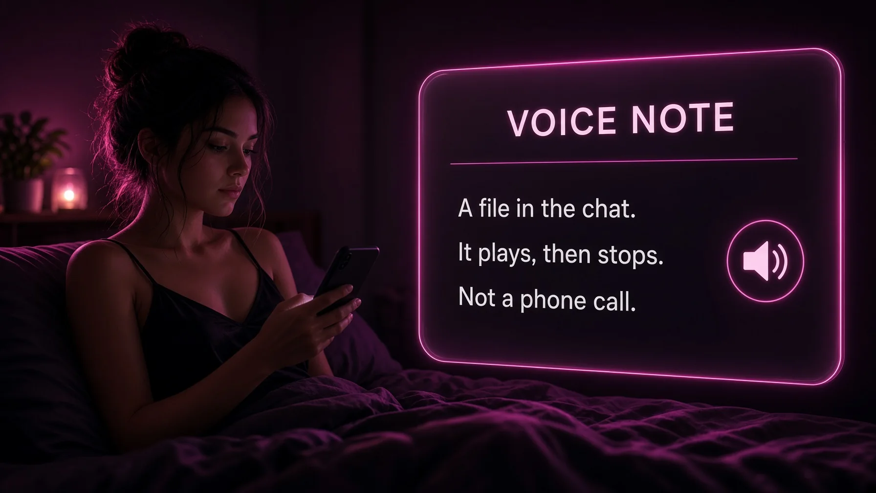 A voice message is a playable clip in the chat. It is not a phone call. The same voice should return the next night.