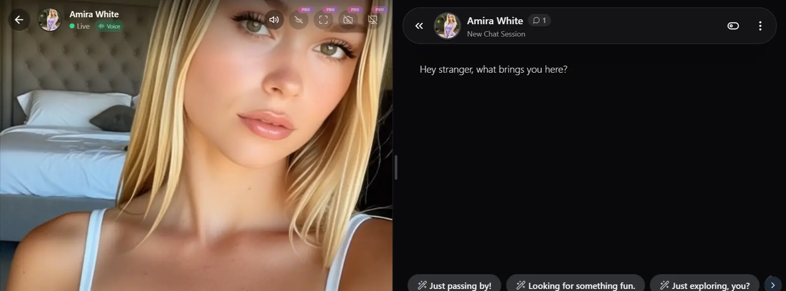 AIAllure chat with Amira White. The line on screen is Hey stranger, what brings you here?