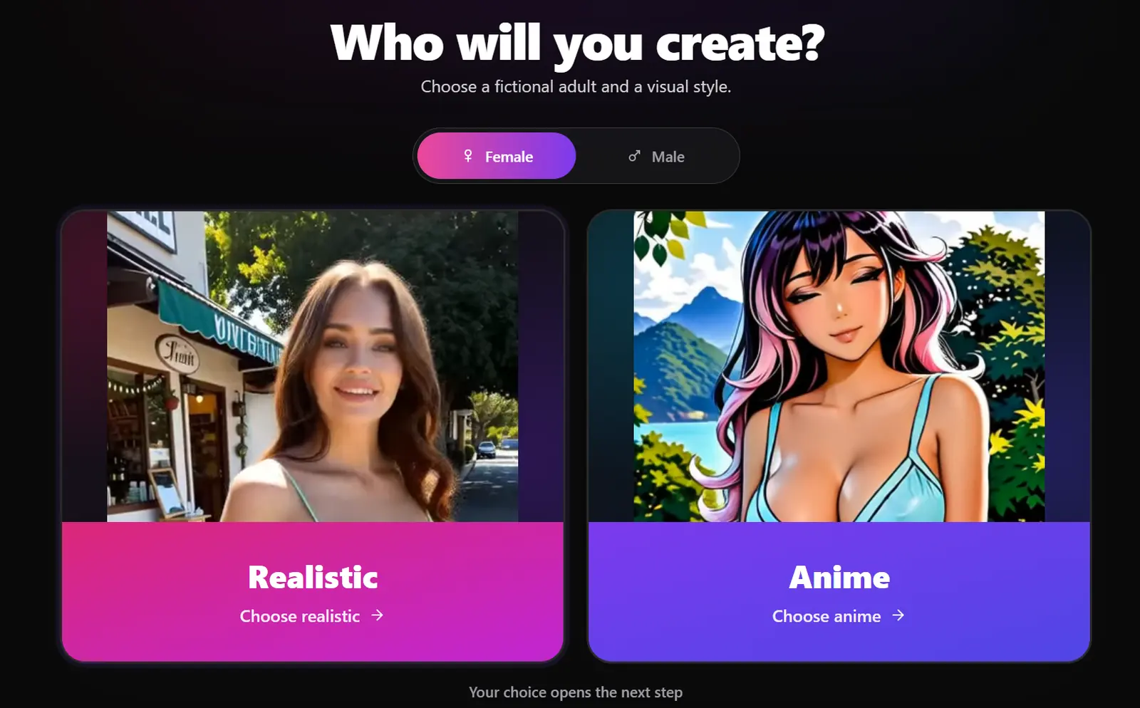 AIAllure create step. Who will you create, Female selected, Realistic or Anime.