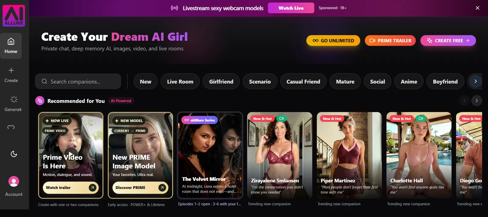 AIAllure home. Create Your Dream AI Girl, with the recommended companion row.