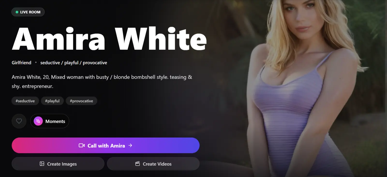 Amira White on AIAllure. Live Room badge, the profile prints 20, Call with Amira.