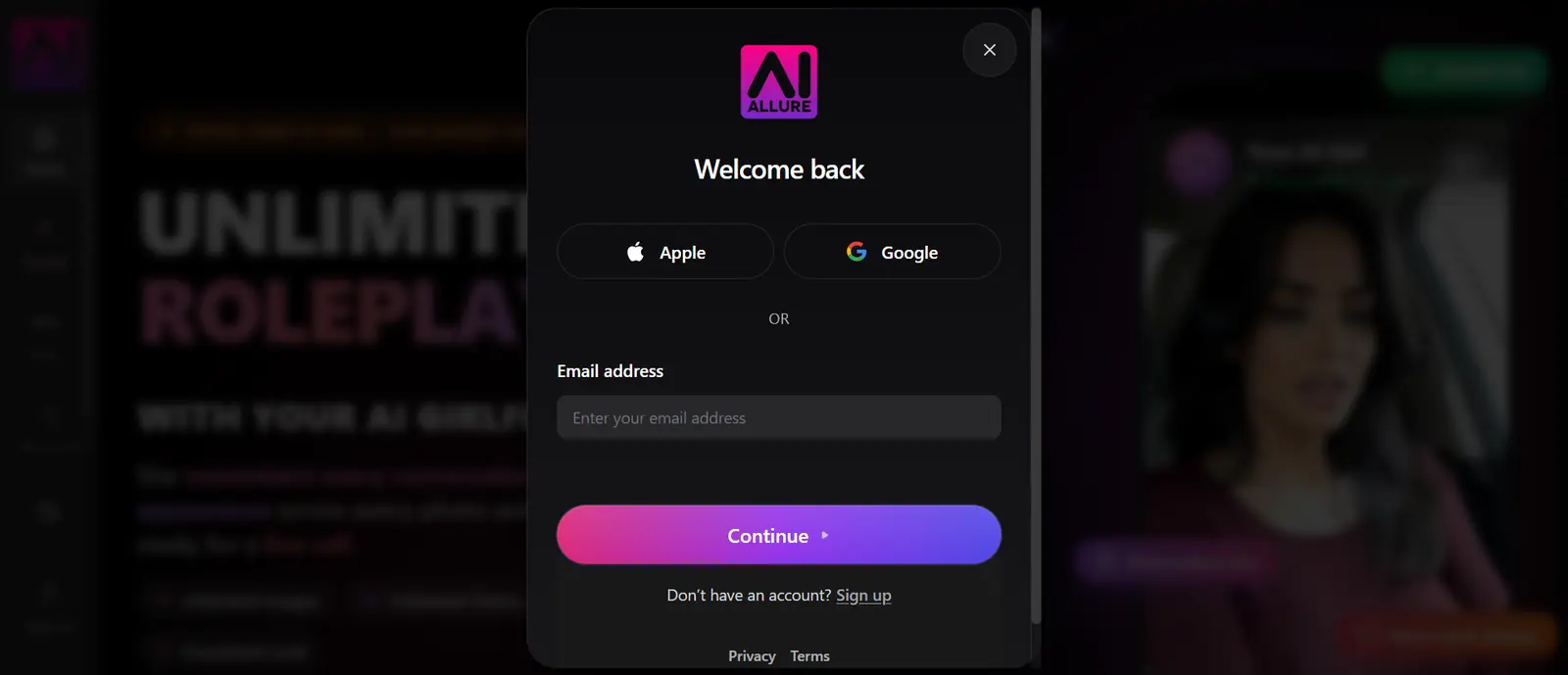 AIAllure sign-in. Welcome back, with Apple, Google, or an email.