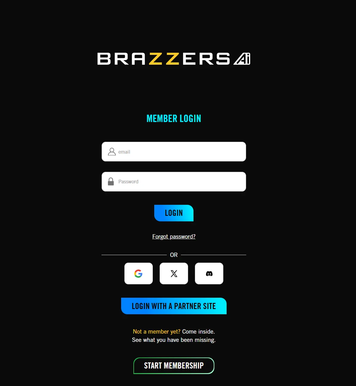 Brazzers AI member login with empty email and password fields