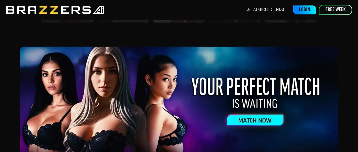 Brazzers AI homepage banner that says your perfect match is waiting