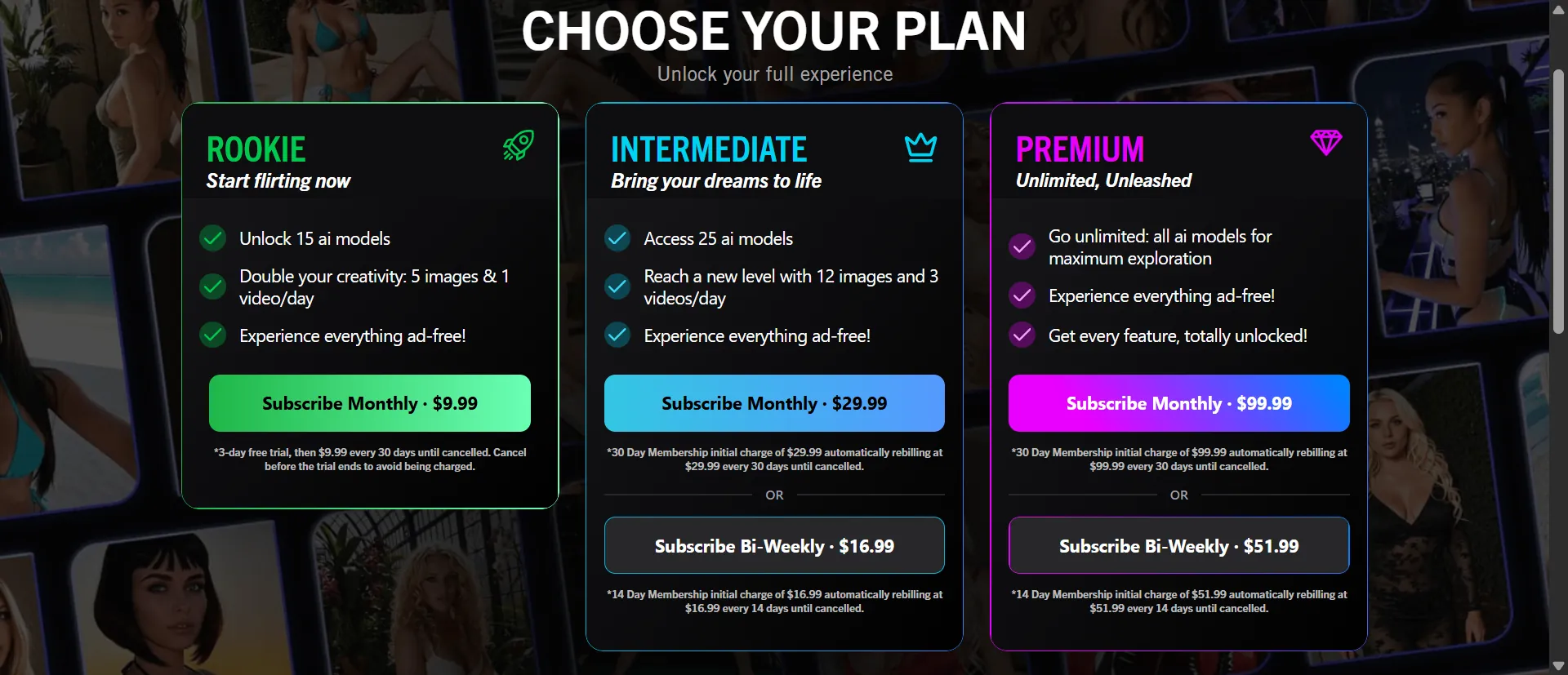 Brazzers AI plan screen. Rookie is $9.99 a month, Intermediate is $29.99, and Premium is $99.99.