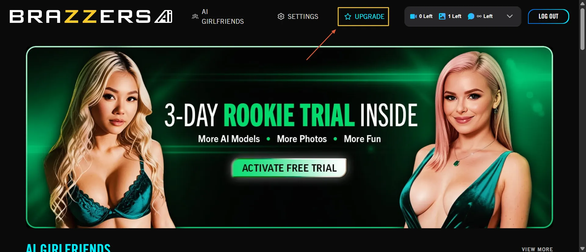 Brazzers AI home with Upgrade in the top bar and a 3-day Rookie trial banner.