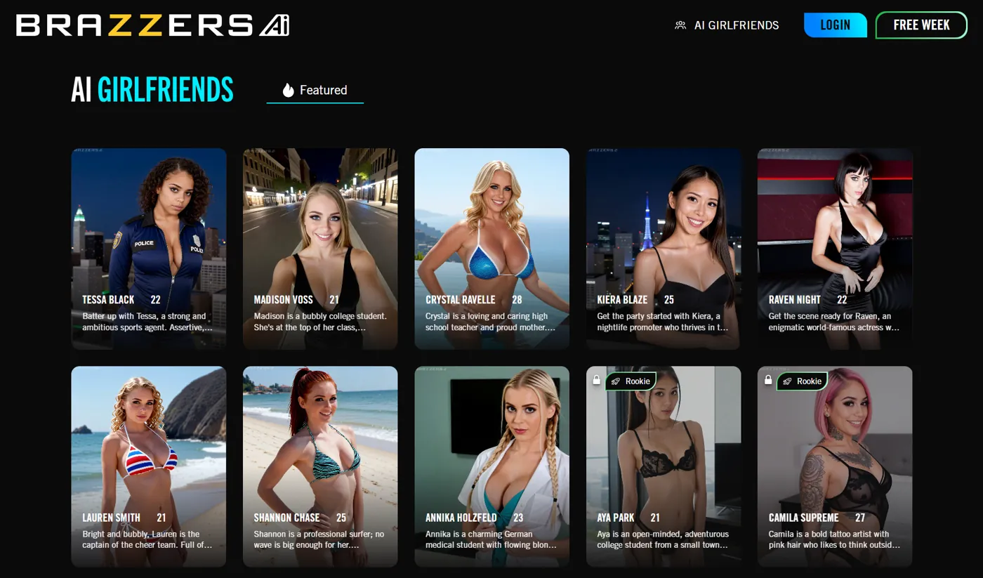 Brazzers AI girlfriends wall with named cards and Rookie locks