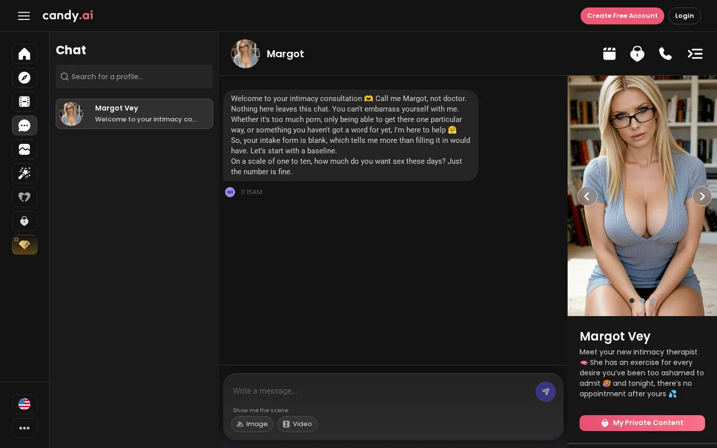 Candy AI chat with Margot, age 36, and Image and Video buttons
