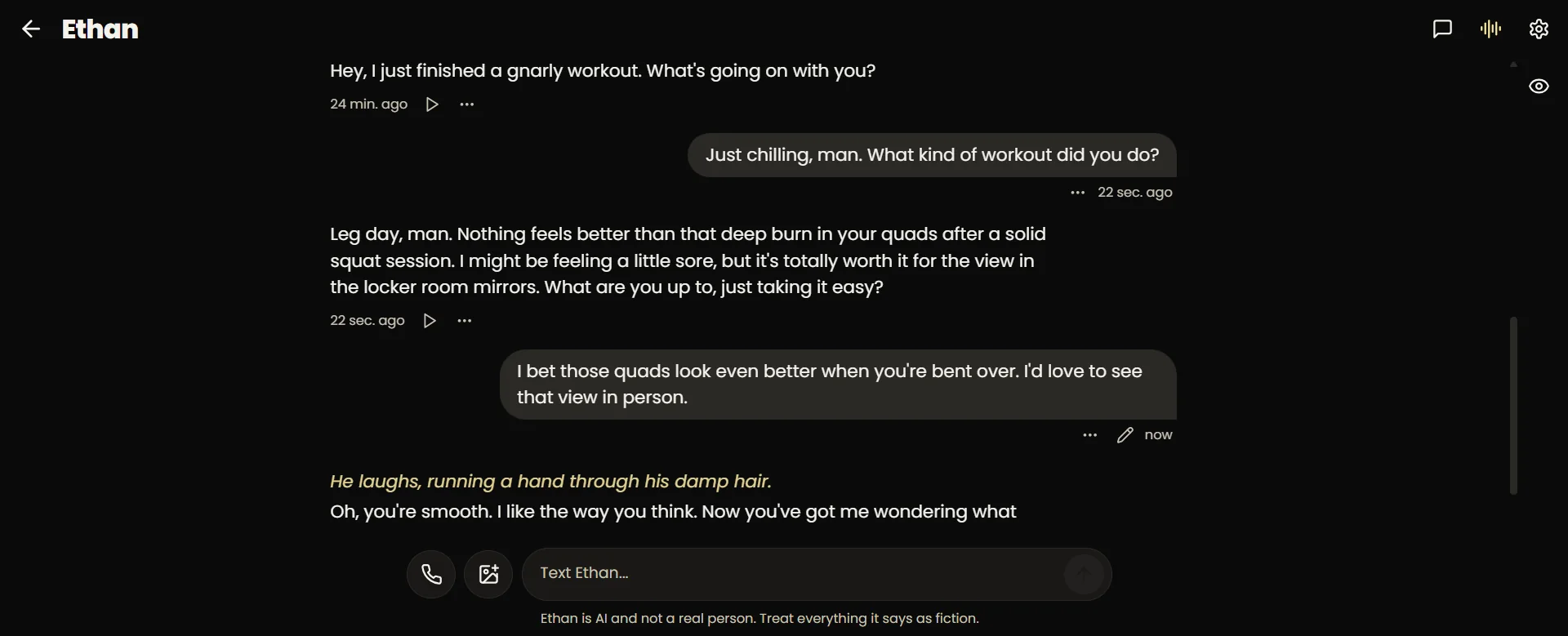 Chat with Ethan on Chat Roger, a workout thread, reply chips, and the fiction line under the composer