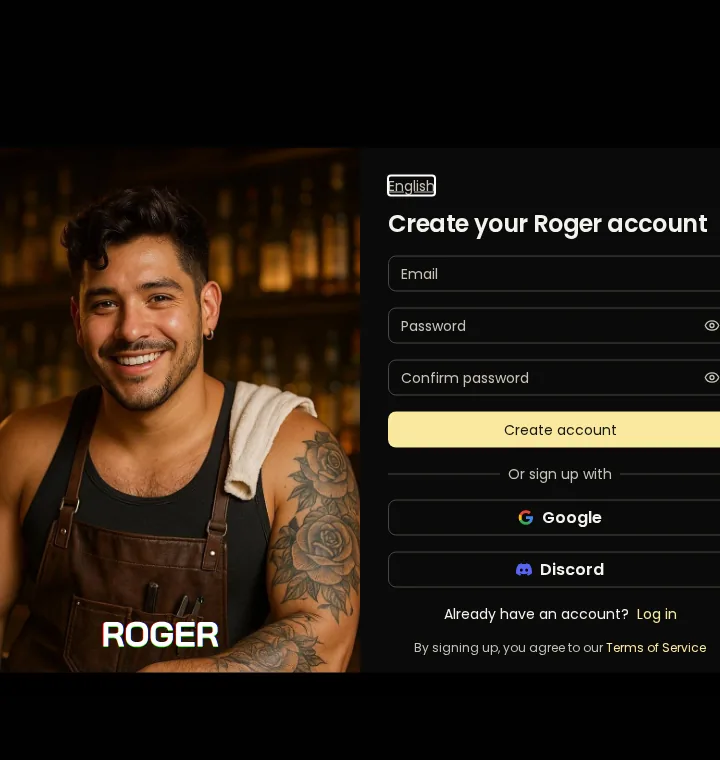 Create your Roger account, empty email and password, Google and Discord, 18 plus unchecked