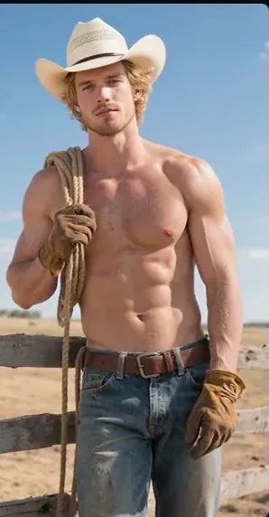 Colt, the Chat Roger rancher, shirt off, hat on, rope and belt by the fence