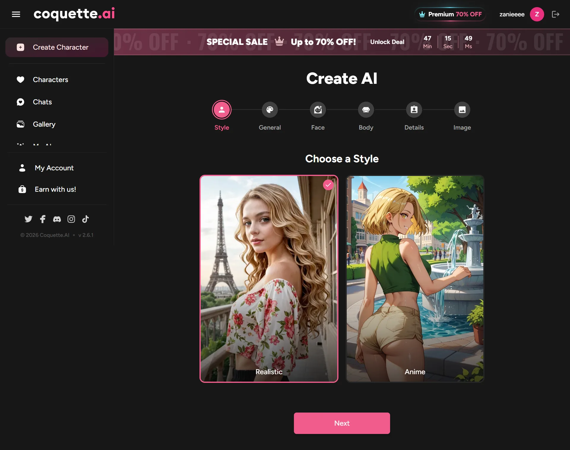 Coquette create AI, choose a style, Realistic selected, Anime