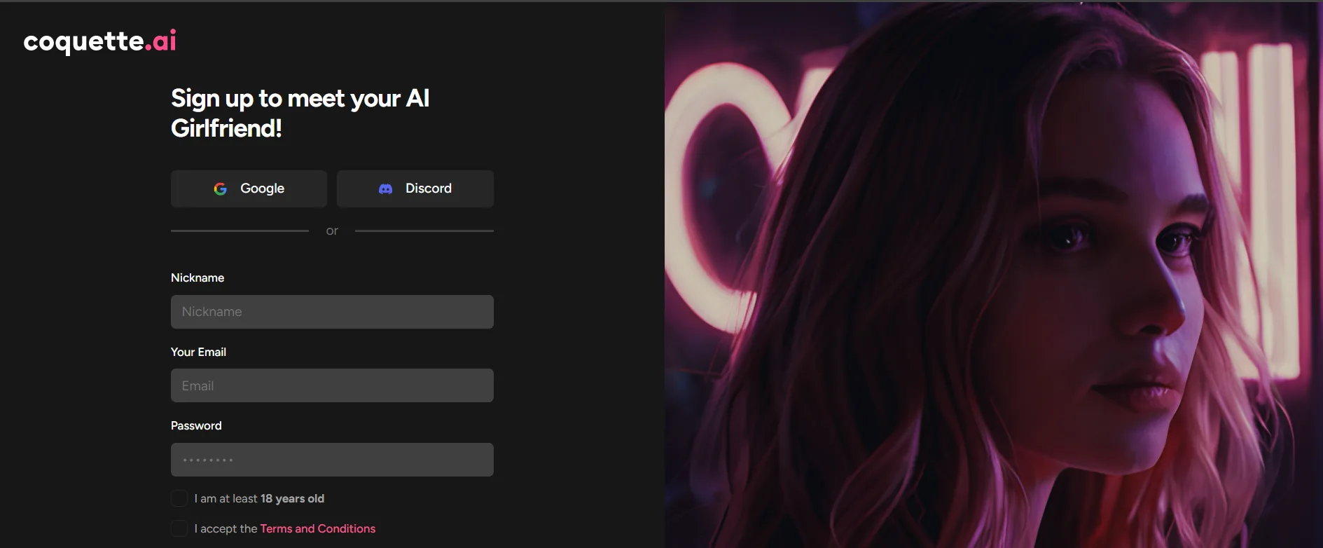 Coquette sign up, Google, Discord, empty nickname and email, 18 plus unchecked