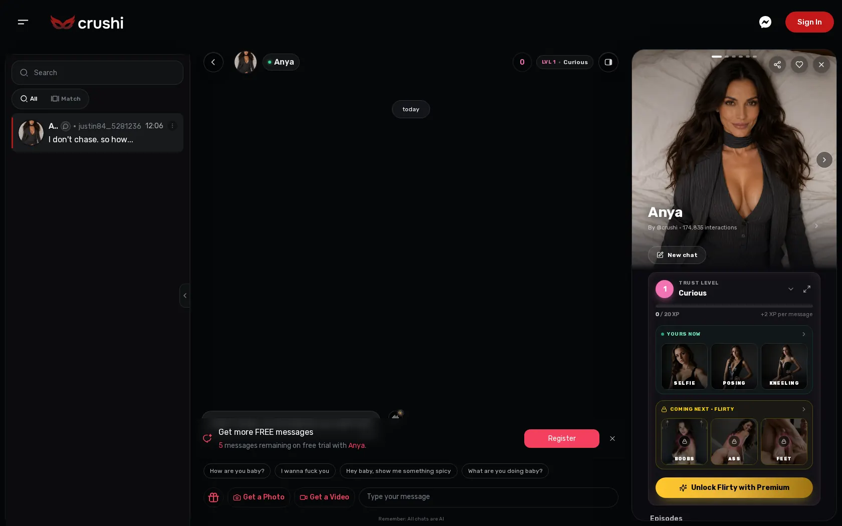 Crushi chat with Anya, trust level Curious, and photo and video buttons