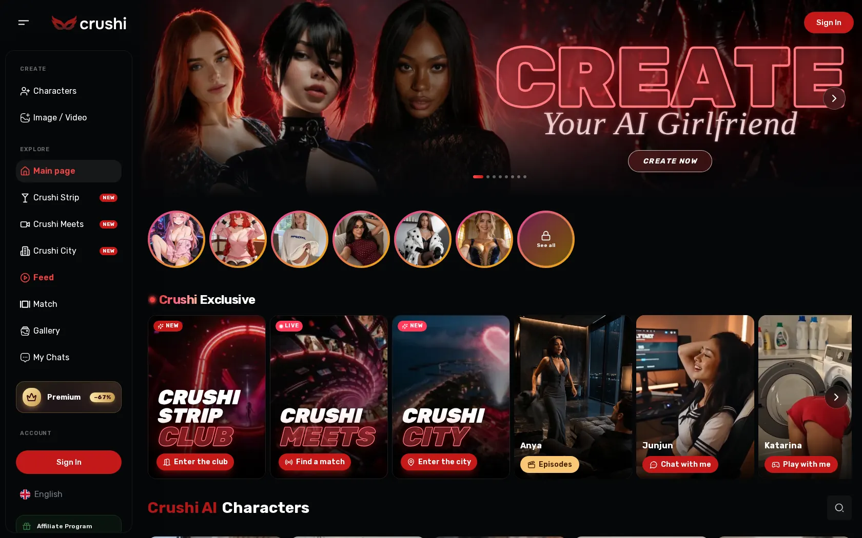Crushi homepage with the Create banner and the Strip, Meets, and City row