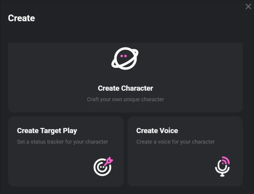 CrushOn Create menu with Create Character, Create Target Play, and Create Voice