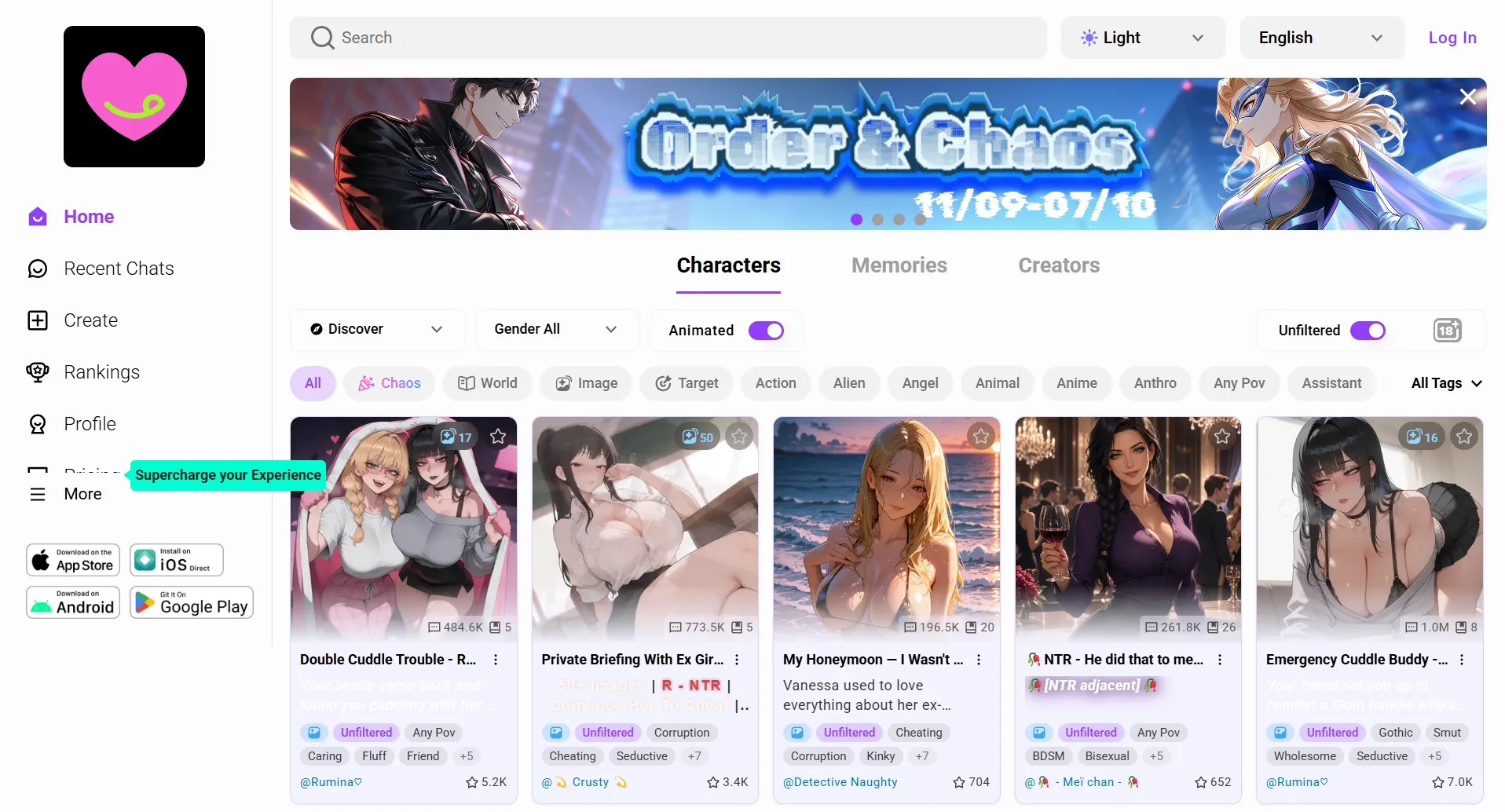 CrushOn home in light mode, Order and Chaos banner, Characters tab, Unfiltered on