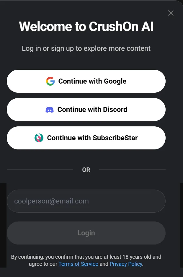 CrushOn sign-in dialog with Google, Discord, and SubscribeStar
