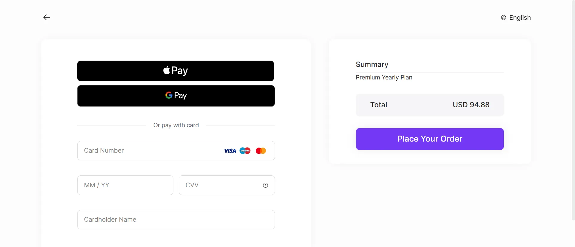 CrushOn checkout. Premium Yearly Plan. Total USD 94.88. Apple Pay, Google Pay, and card.