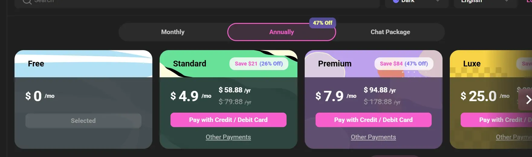 CrushOn annual tab. Standard is $4.90 a month billed $58.88. Premium is $7.90 billed $94.88. Luxe shows $25 a month. Free is $0.