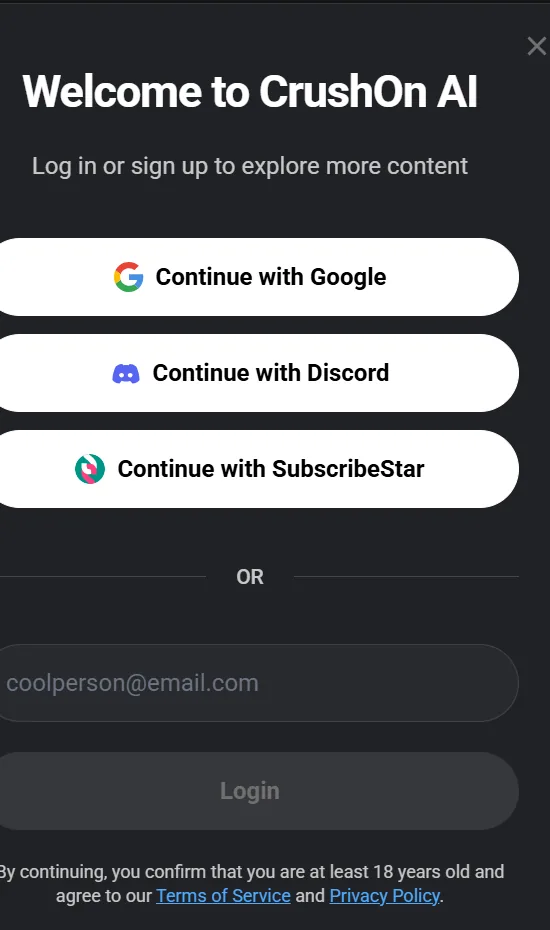 CrushOn welcome screen. Continue with Google, Discord, or SubscribeStar, or use an email.