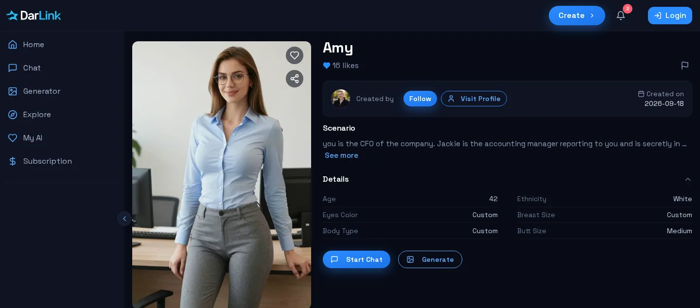 DarLink profile for Amy, age 42, with Start Chat and Generate
