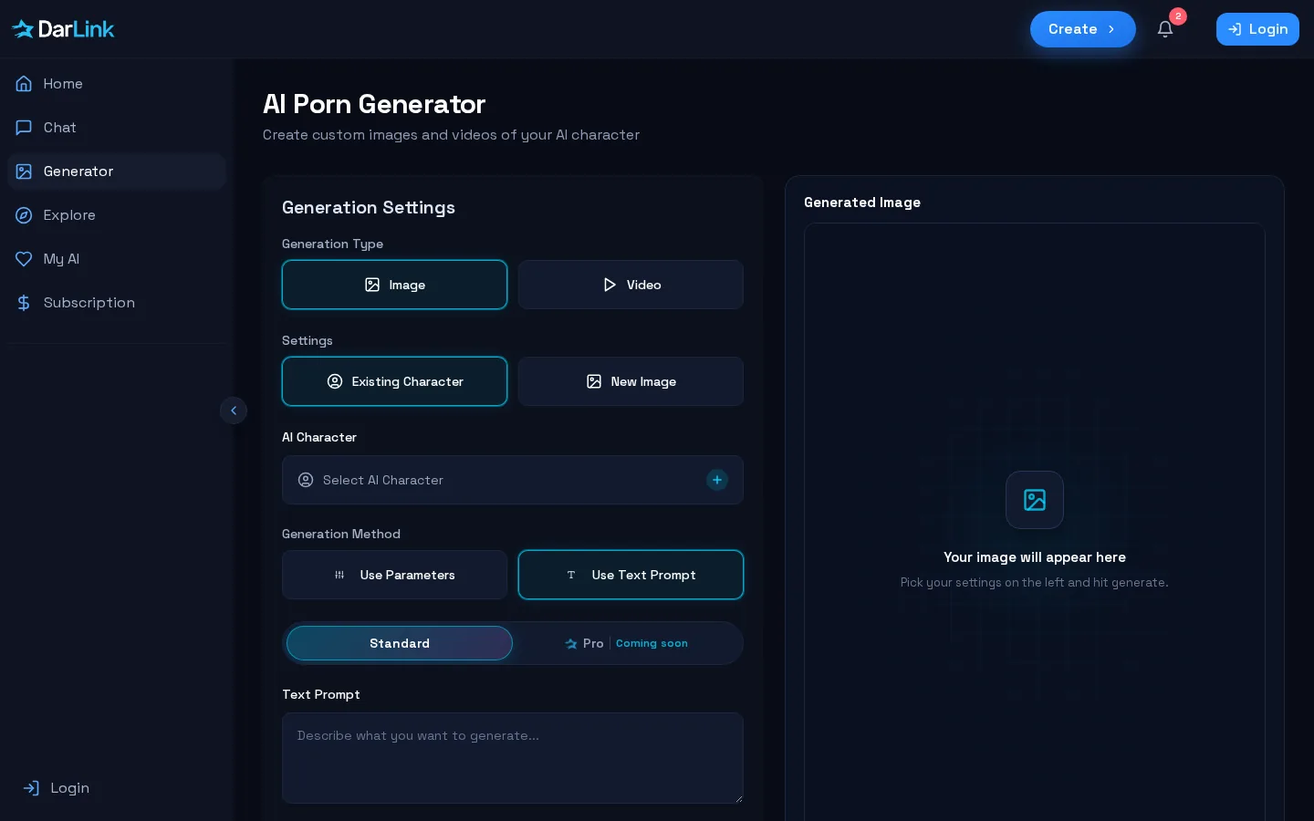 DarLink generator with Image and Existing Character selected