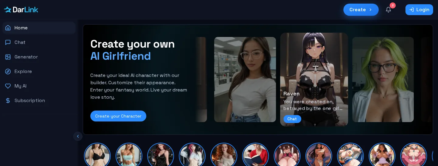 DarLink homepage with the Create your own AI Girlfriend banner
