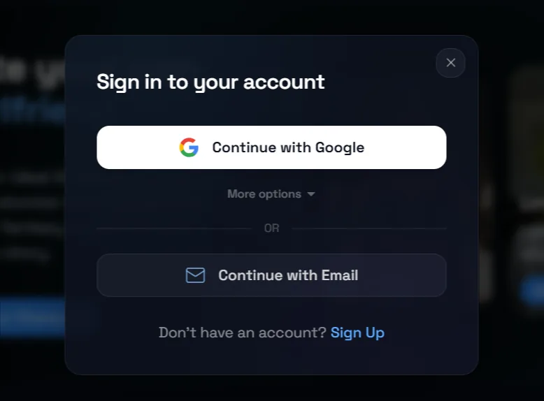 DarLink sign-in dialog with Google and email, nothing typed