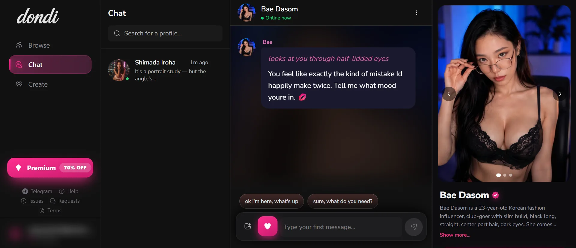 Dondi chat with Bae Dasom, 23, type your first message empty