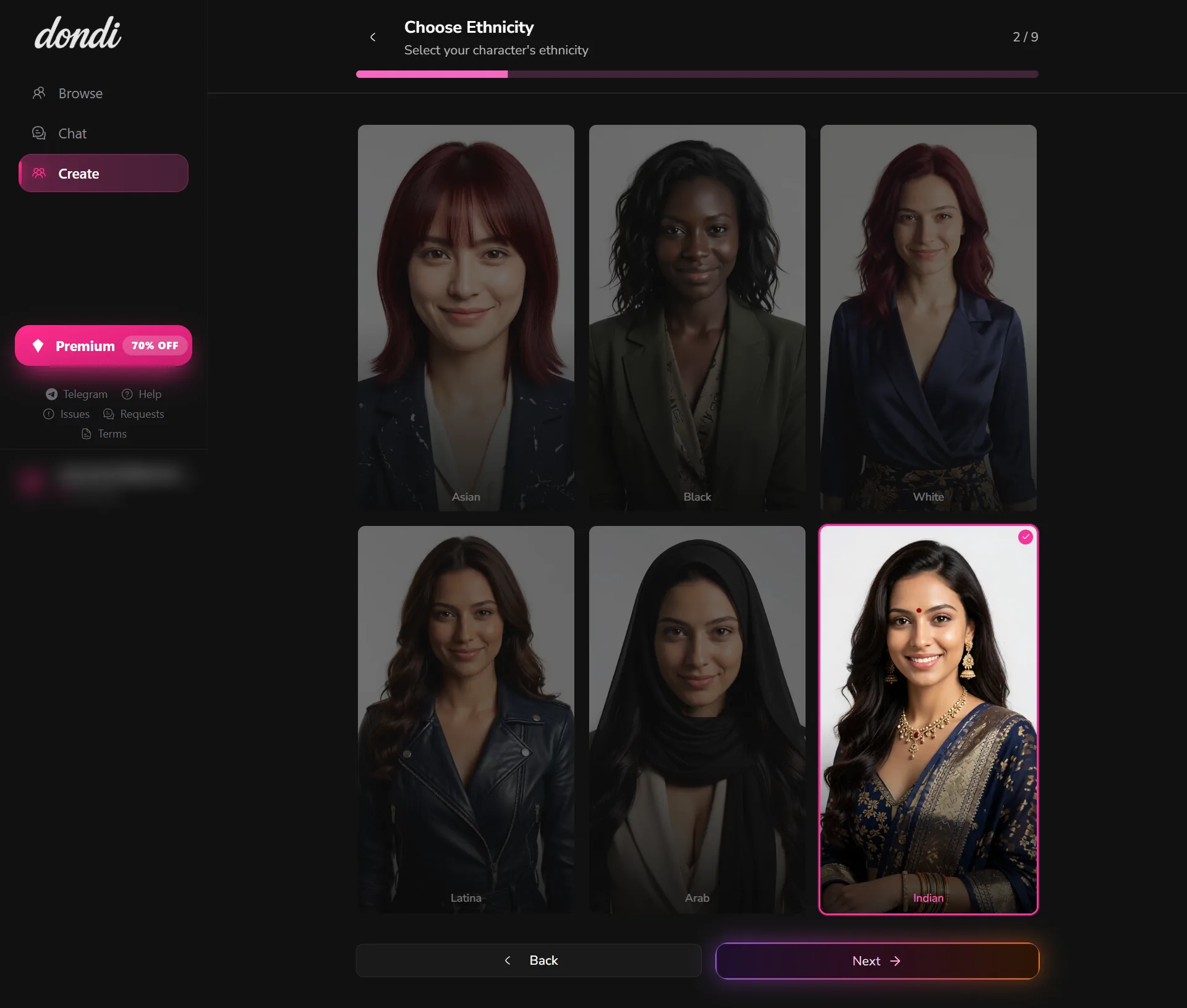 Dondi choose ethnicity, step 2 of 9, Indian selected